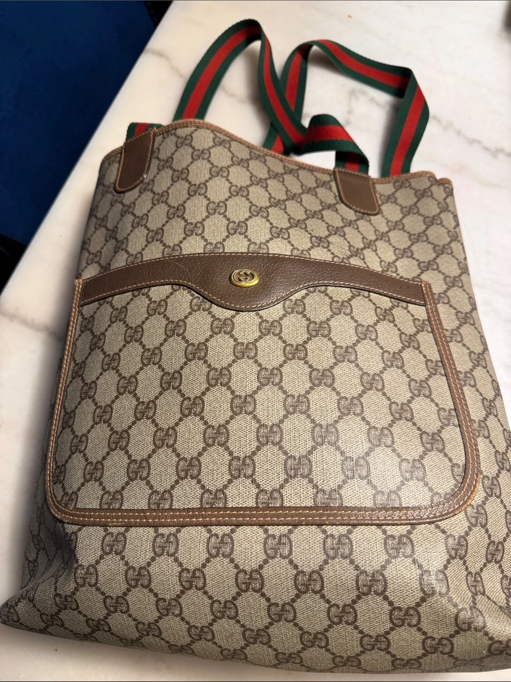 PRE-OWNED Gucci Beige Brown GG Supreme Messenger Tote with Green-Red Web Straps